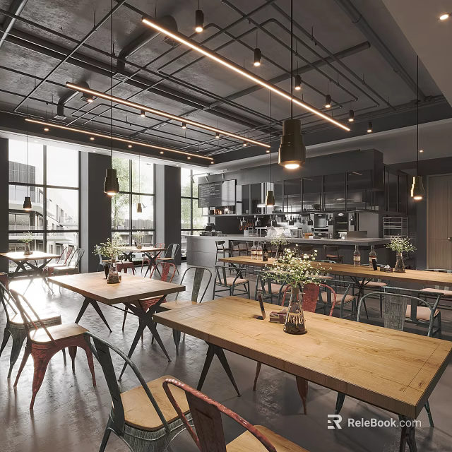 Bright Modern Café Interior With Large Windows Wooden Tables And Pendant Lights 3d model 