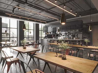 Bright Modern Café Interior With Large Windows Wooden Tables And Pendant Lights 3d model