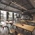 Bright Modern Café Interior With Large Windows Wooden Tables And Pendant Lights