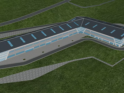 Modern Industrial Factory Building With Skylight Roof Green Landscaping And Access Roads 3d model