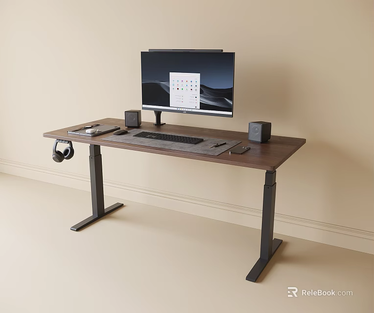 Standing Desk with Dark Wooden Top Metal Frame Monitor Speakers Headphones and Keyboard 3d model 
