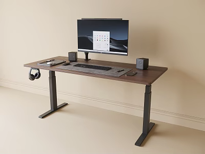 Standing Desk with Dark Wooden Top Metal Frame Monitor Speakers Headphones and Keyboard 3d model