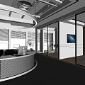 Modern Public Office Space With Circular Desks Large Windows And Ceiling Lights 3d model