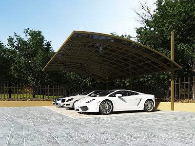 Brown Curved Carport Covering White Sports Cars In Outdoor Parking With Green Trees 3d model