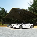 Brown Curved Carport Covering White Sports Cars In Outdoor Parking With Green Trees
