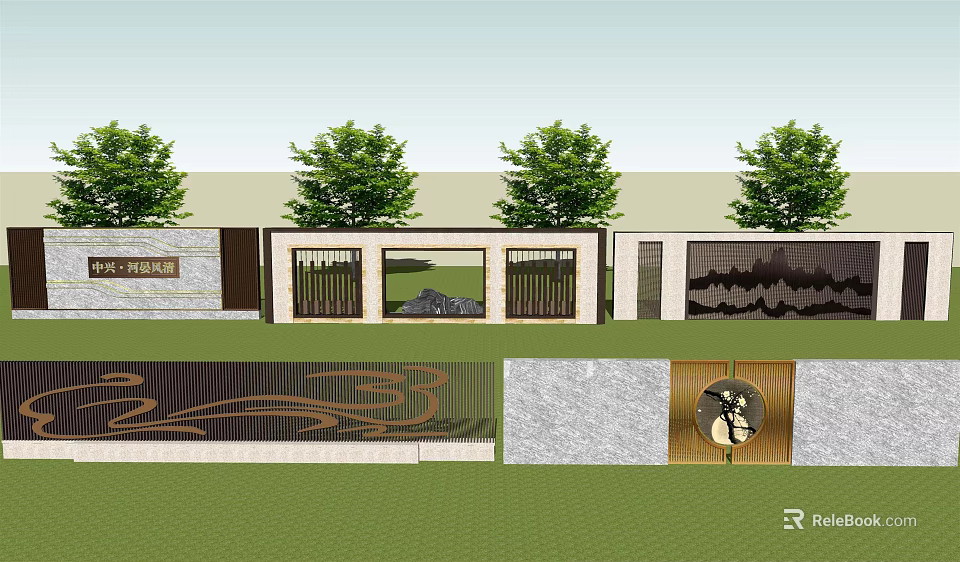 Modern Garden Wall Design With Wooden Grilles Stone Texture And Green Plant Backdrop 3d model 