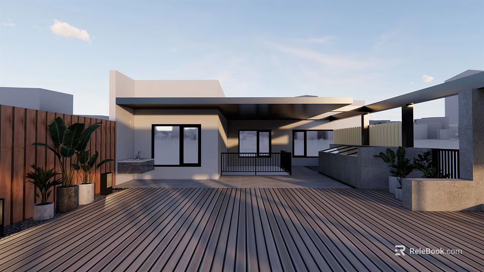 Modern Roof Garden Design With Wooden Deck Potted Plants And Railing 3d model 