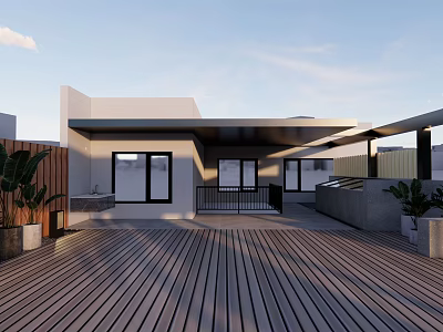 Modern Roof Garden Design With Wooden Deck Potted Plants And Railing 3d model