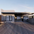Modern Roof Garden Design With Wooden Deck Potted Plants And Railing