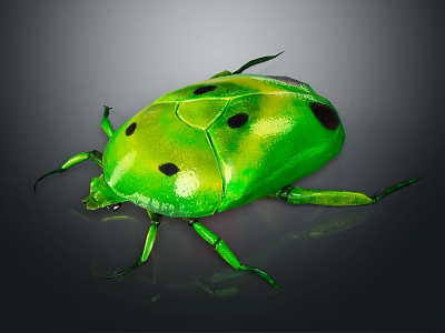 Vibrant Green Beetle with Glossy Shell and Black Spots Displaying Shiny Body on Dark Background 3d model