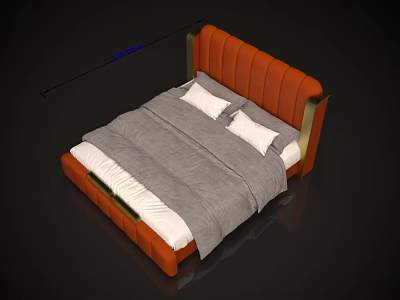 Modern Double Bed Featuring Orange Leather Headboard Gold Frame Gray Comforter And White Pillows 3d model