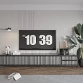 Modern TV Stand With Large Screen TV Green Plant And Floor Lamp