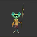 Cartoon Frog Character With Big Red Eyes Blue Body Yellow Red Outfit And Spear