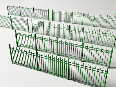 Green Metal Fences With Various Designs Arranged For Outdoor Decoration 3d model