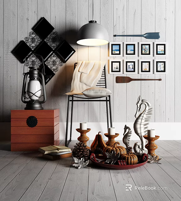 Vintage Decorative Ornament Set In Living Corner With Candle Holders Seahorse Sculptures And Wooden Box 3d model 