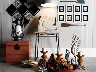 Vintage Decorative Ornament Set In Living Corner With Candle Holders Seahorse Sculptures And Wooden Box 3d model