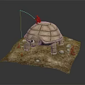Small Person Sitting On Giant Tortoise Back With Red Objects And Stones On Brown Mat