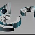 Curved Blue and White Display Shelves with Multiple Layers Blue Lighting and Person Standing