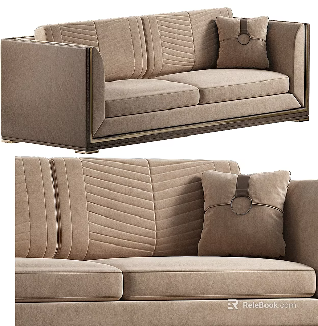 Modern Beige Upholstered Two-Seater Sofa With Tufted Design Decorative Pillow And Sleek Armrests 3d model 