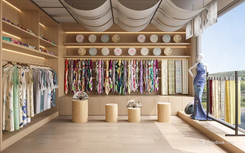 Elegant Modern Clothing Store Interior With Hanging Clothes Decorative Plates And Mannequin 3d model 