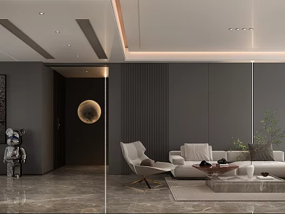 Modern Living Dining Room Interior Design With Grey Sofa Armchair Coffee Table And Circular Decor 3d model