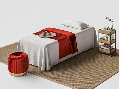 Comfortable Massage Bed With White Sheet Red Blanket Red Round Stool And Multi tier Cart 3d model