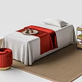 Comfortable Massage Bed With White Sheet Red Blanket Red Round Stool And Multi tier Cart