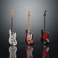 Three Electric Bass Guitars with Different Colors White Red Brown Black Displayed on Reflective Surface
