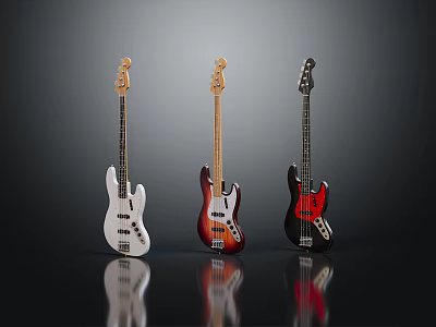 Three Electric Bass Guitars with Different Colors White Red Brown Black Displayed on Reflective Surface 3d model