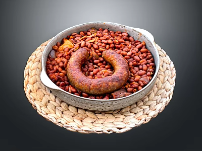 Practical Household Cooking Pot With Red Beans Sausage Ring On Woven Placemat 3d model