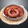 Practical Household Cooking Pot With Red Beans Sausage Ring On Woven Placemat
