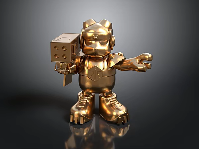 Golden Robot Figure With Mechanical Helmet Holding Cube And Detailed Arms Legs 3d model