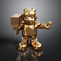 Golden Robot Figure With Mechanical Helmet Holding Cube And Detailed Arms Legs