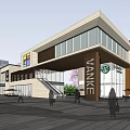 Modern Commercial Complex With Large Glass Windows Colorful Accents Cherry Blossom Trees And Pedestrian Plaza