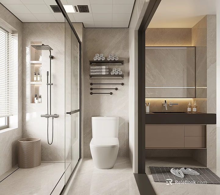 Modern Light Luxury Bathroom With Dry Wet Separation Glass Shower And Hanging Vanity Design 3d model 