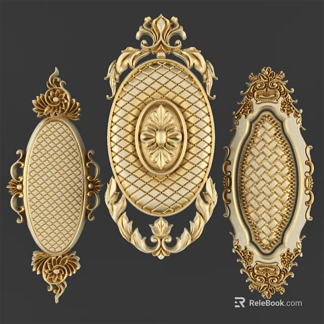 Gold Ornate Carved Decorative Elements With Oval Shape And Intricate Patterns 3d model