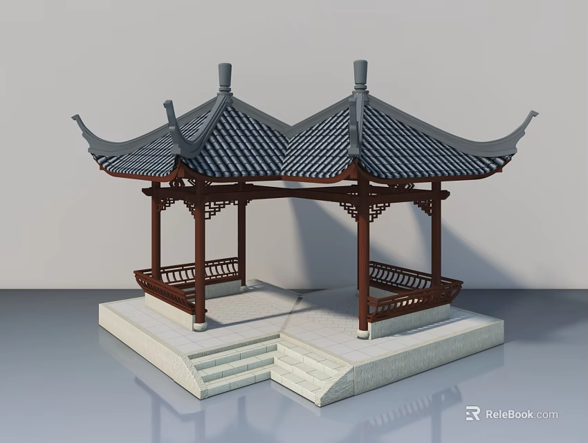 Chinese Traditional Flat Door Design For Wooden Pavilion With Carved Eaves And Steps 3d model 