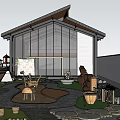 Scenic Wall In Modern Courtyard With Traditional Roof Green Plants And People Walking
