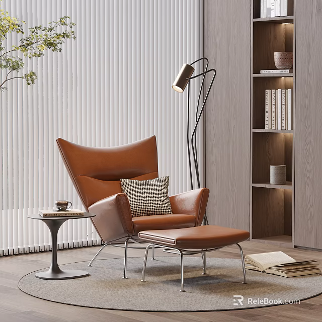 Brown Accent Chair with Ottoman Side Table and Floor Lamp near Bookshelf and Window Blinds 3d model 