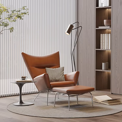 Brown Accent Chair with Ottoman Side Table and Floor Lamp near Bookshelf and Window Blinds 3d model