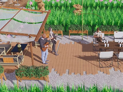 Rural Landscape Featuring Wooden Deck Green Plants People Gathered And Outdoor Canopy Seating Area 3d model