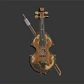 Decorative Wooden Violin Musical Instrument With Bow And Green Accents On Body
