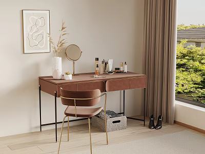 Modern Wooden Dressing Table with Round Mirror Velvet Chair Cosmetics Near Window and Greenery View 3d model