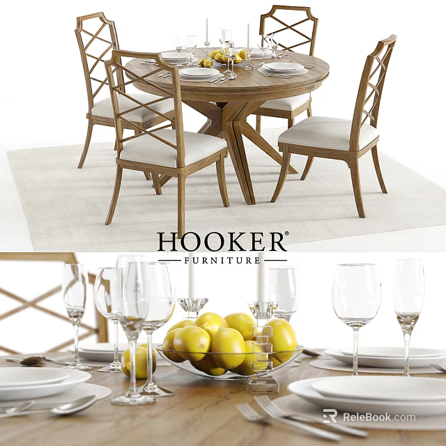 Wooden Round Dining Table Set with Upholstered Chairs Wine Glasses Plates and Lemon Bowl 3d model 