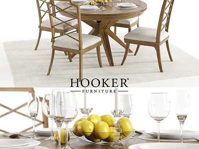 Wooden Round Dining Table Set with Upholstered Chairs Wine Glasses Plates and Lemon Bowl 3d model