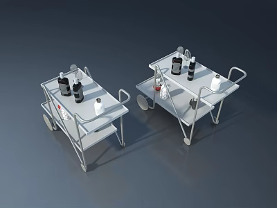 Metal Carts With Wheels Holding Bottles And Various Items On Gray Surface 3d model