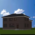 Detached Villa with Brown Exterior Black Roof Green Trees and Car at Entrance