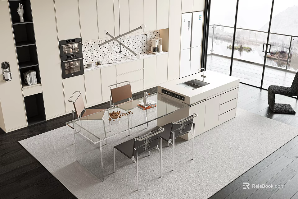 Modern Open Kitchen With Glass Top Table And Transparent Chairs White Cabinets Island Counter 3d model 