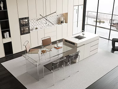 Modern Open Kitchen With Glass Top Table And Transparent Chairs White Cabinets Island Counter 3d model