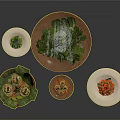 Traditional Asian Cuisine Dishes With Leaf Wrapped Food And Colorful Ingredients On Wooden White Plates